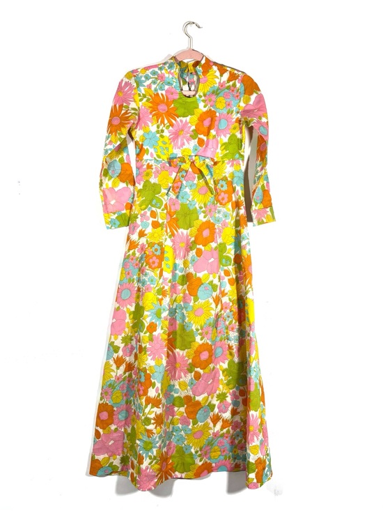 Vintage Dresses & Skirts - Vintage Floral Maxi Dress in Pink, Green & Orange